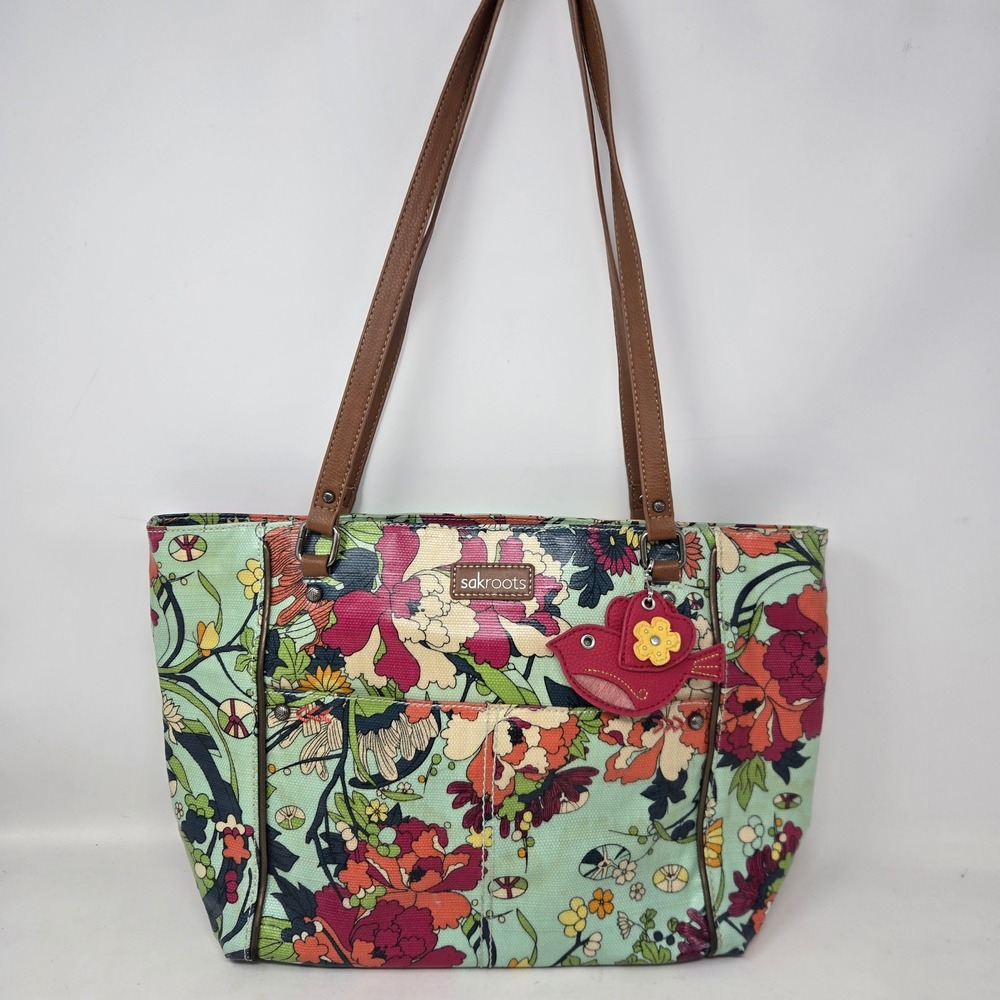 Sakroots Mint Green Peace Floral Coated Canvas Tote Bag with Bird Charm Handbag